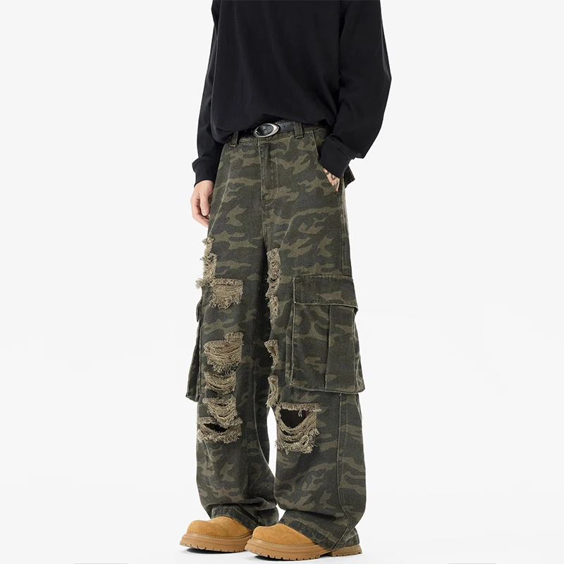 

Ripped Camo Jeans Men 2025 New Loose Straight Leg Denim Pants Outdoor Hiking Trousers Casual Comfort Street Style Fashion