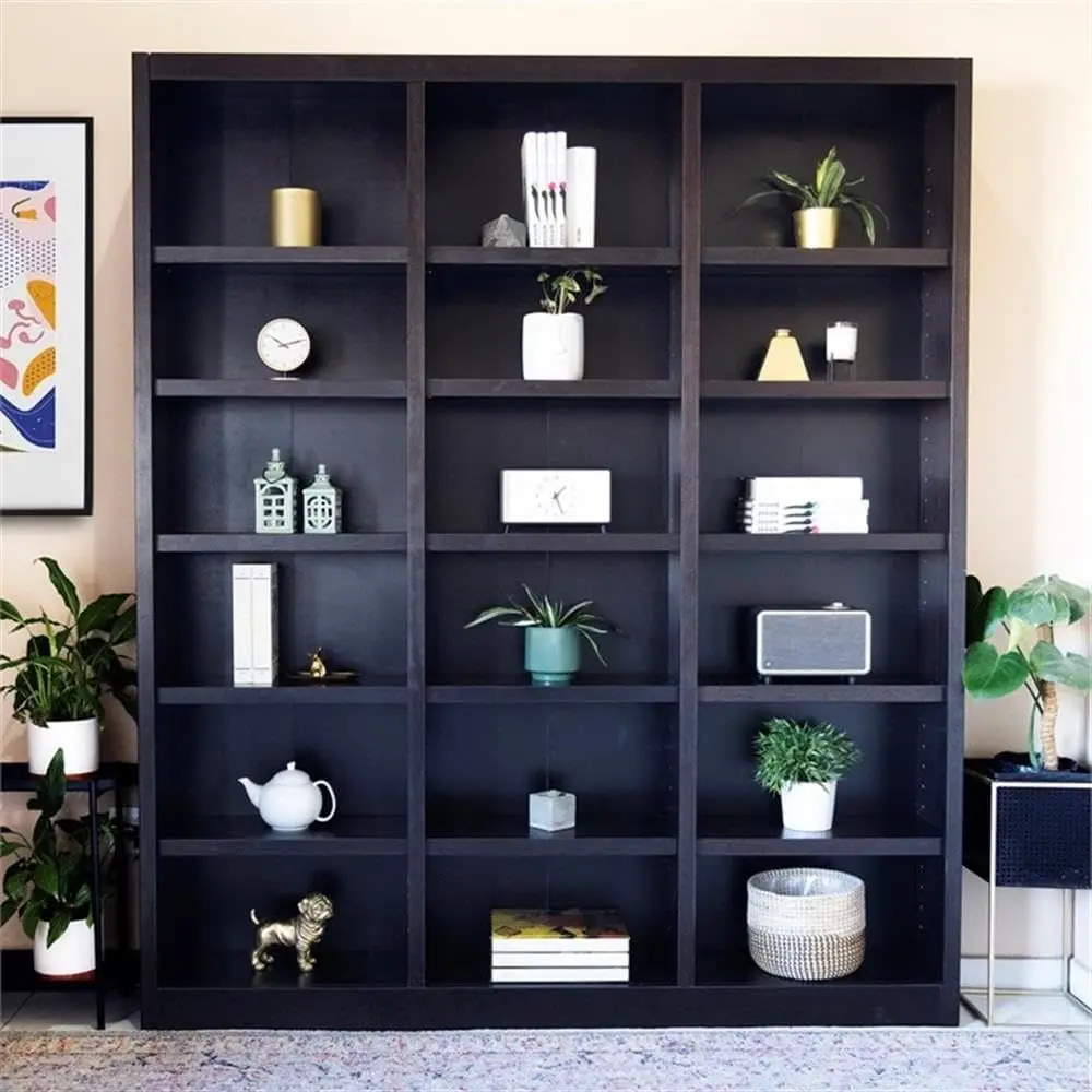

Трехсекционный деревянный книжный шкаф, высотой 84 дюйма, с 18 полками, шоколадного цвета, регулируемый, для дома или офиса