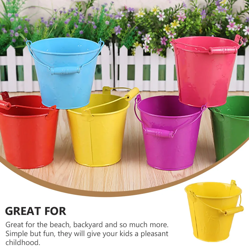 Cubo de playa para niños, juguete colorido con mango de madera, regalo, tamaño pequeño, ligero, divertido, herramientas de juego de arena, 6 uds.