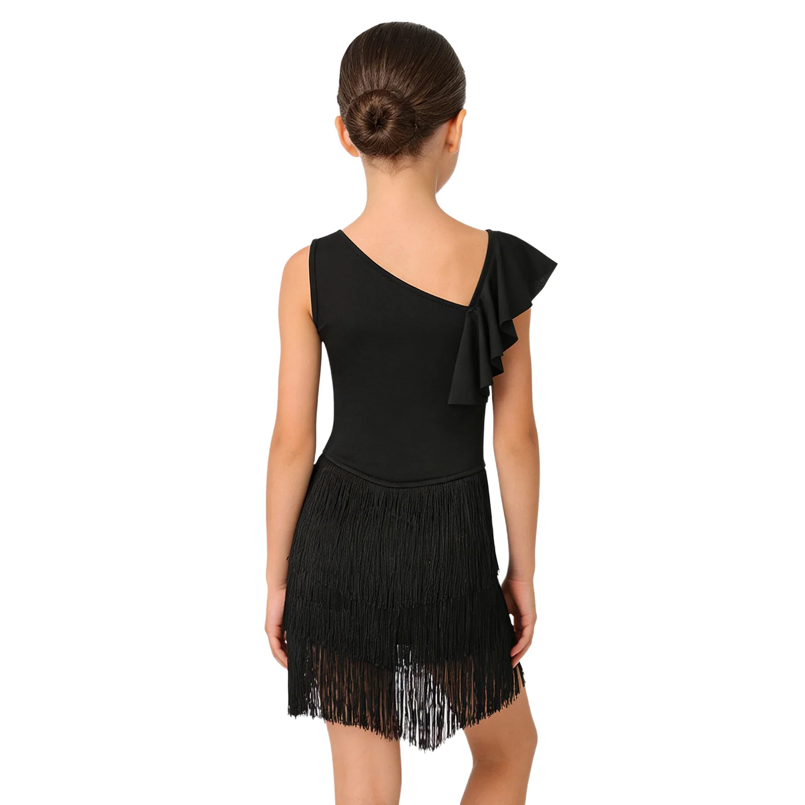 Kids Girls Lyrical Latin Jazz Dance Costume Asymmetrical Ruffle Fringe Leotard for Figure Skating Ballet Dance Stage Performance