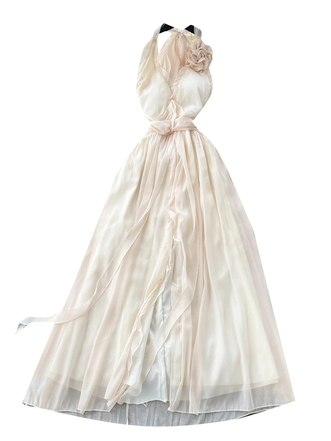 فستان طويل بتصميم ثلاثي الأبعاد مع زهور معلقة على الرقبة، مشبك خصر داخلي، ظهر مفتوح، تنورة على شكل A، ستايل كوري للتنقل اليومي. #3