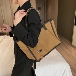 Ins Trendy Brand Same Contrast Color Canvas Bag Womens Handbag Casual Literary Canvas Shopping Bag Shoulder Bag, Handbags