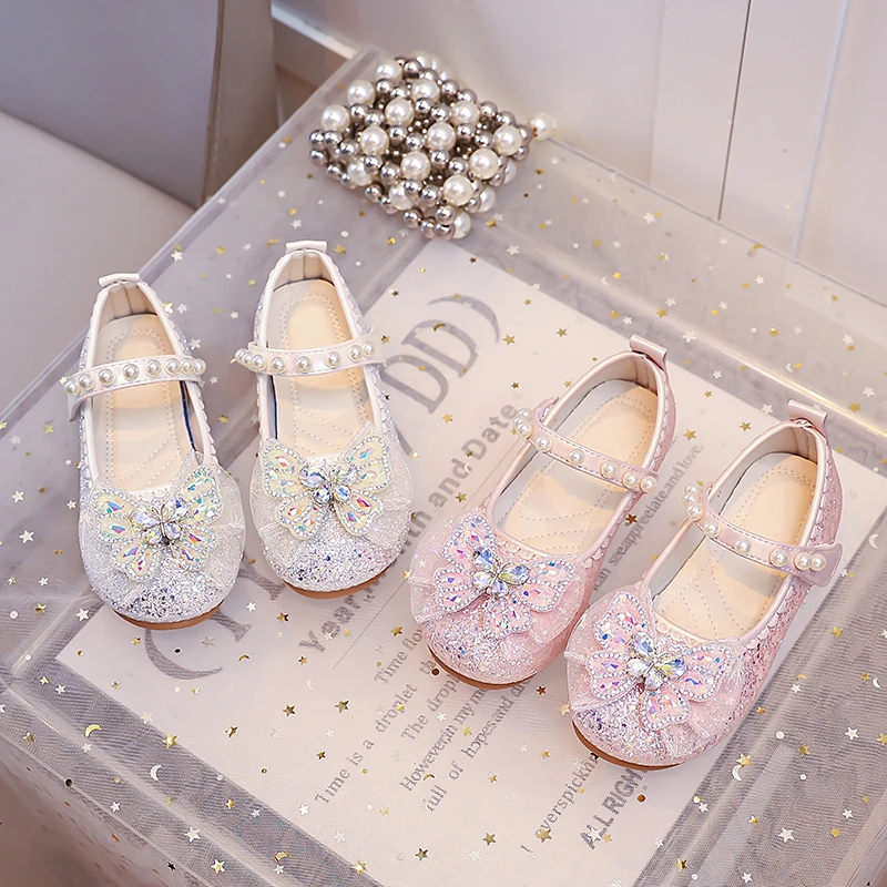 Mädchen Lederschuhe mit Glänzenden Pailletten und Süßen Schleifen, Kinder Flache Schuhe mit Klettverschluss, 2026 Neue Mode Kindertanzschuhe für Party und Hochzeit – Detail 3