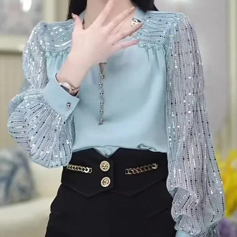 

French Style Fashion Autumn Shirts Women Clothing O-Neck Patchwork Bright Silk Temperament Sweet Loose Long Sleeve Tops ZT324