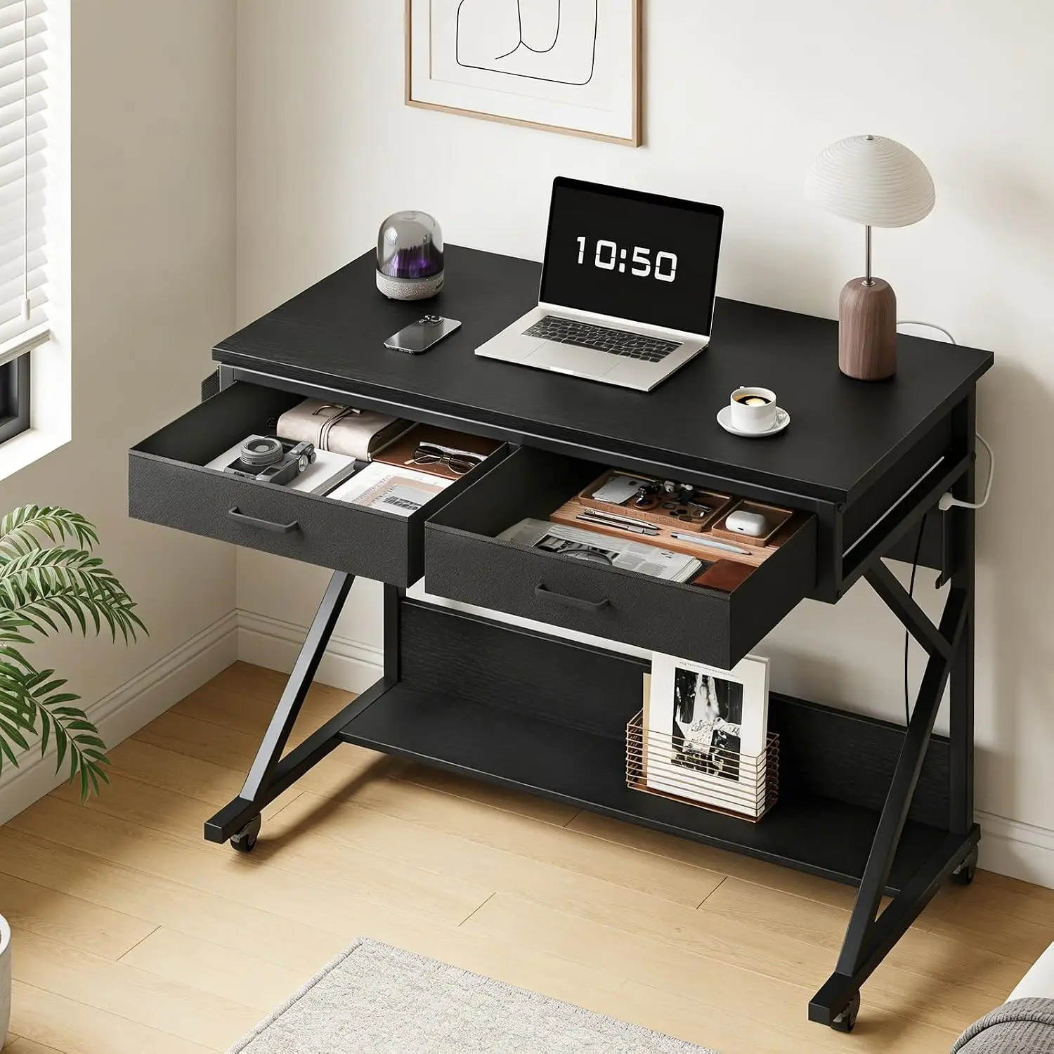 Rolling Computer Desk with Wheels & Charging Station, 39.4