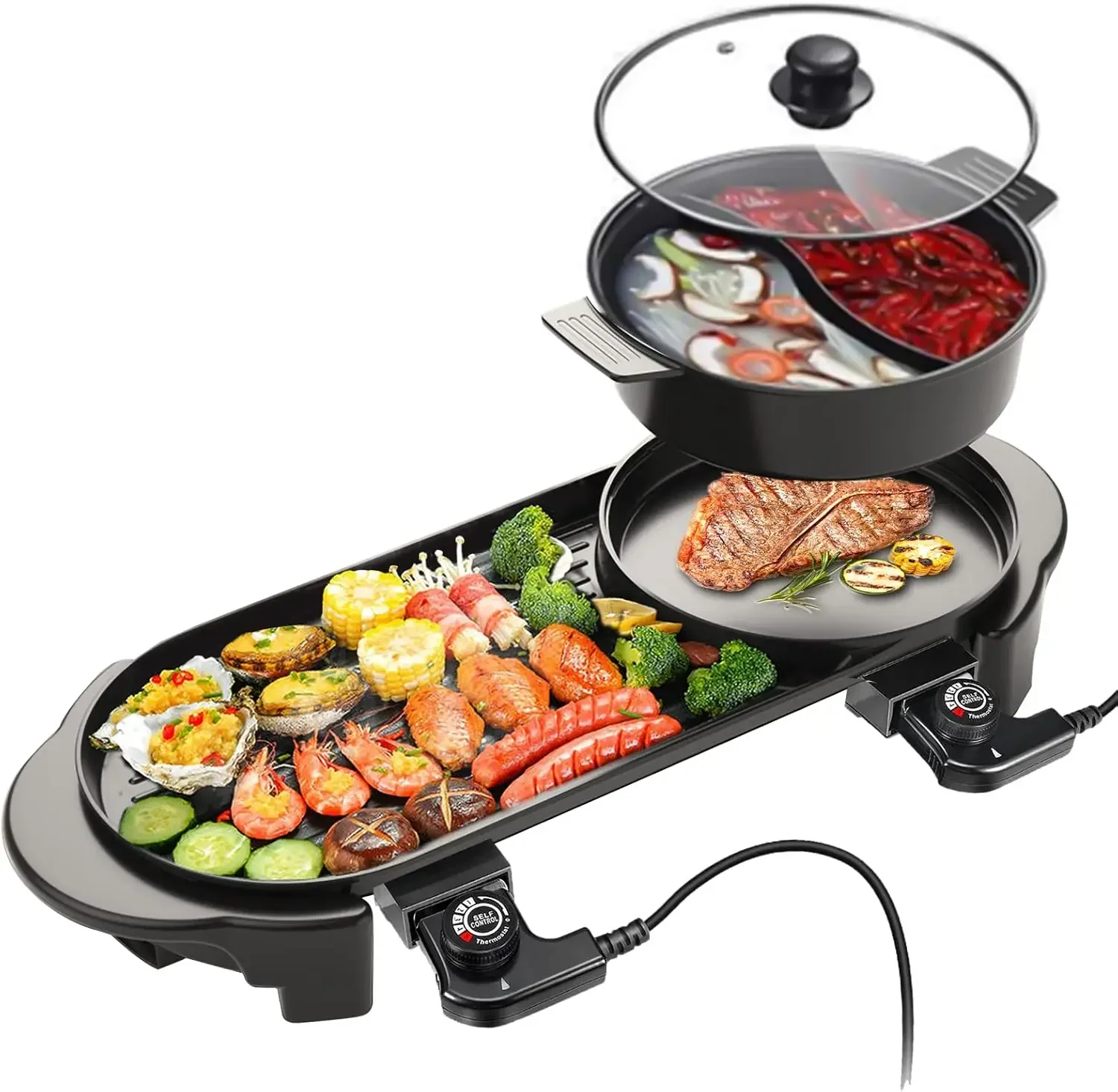 Hot Pot with Grill Indoor Shabu-shabu Hotpot Korean BBQ Grill, Removable Hotpot Pot W/Large Capacity Baking Tray, Smokeless Non-