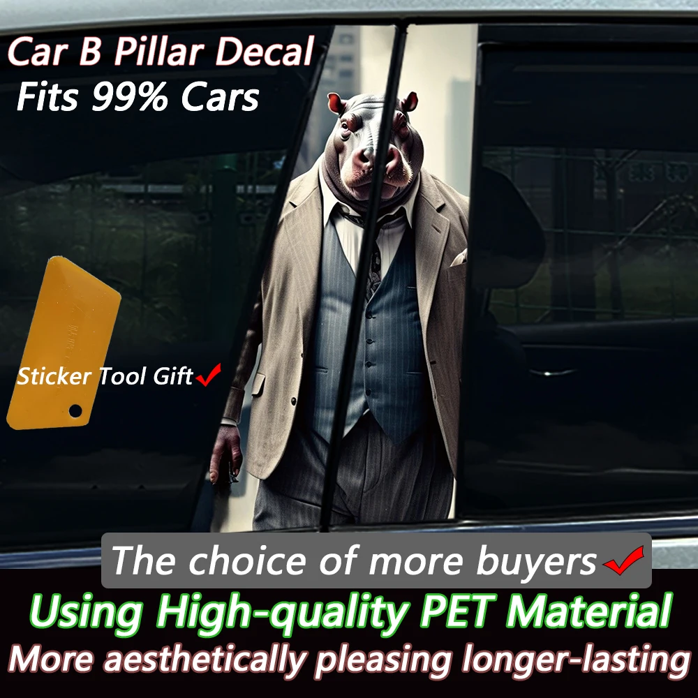 2PCS Cool Suit Hippo Car B-pillar Decal Waterproof Vinyl Window Sticker Scratch Cover for Universal Car Models