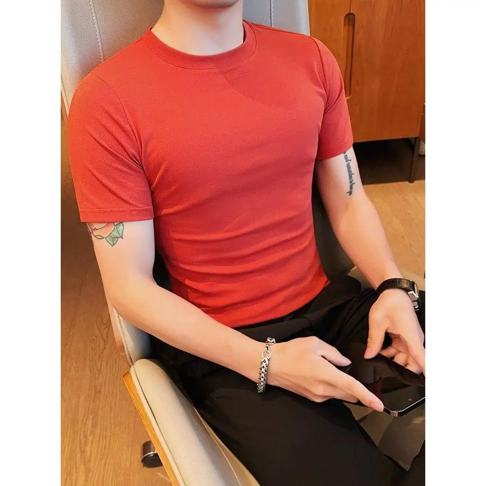 

Red ort Sve Men's T-irt Fitn Spor Tight irt Bot Pure Color New 2026 Men's Faion Busin Casual Summer