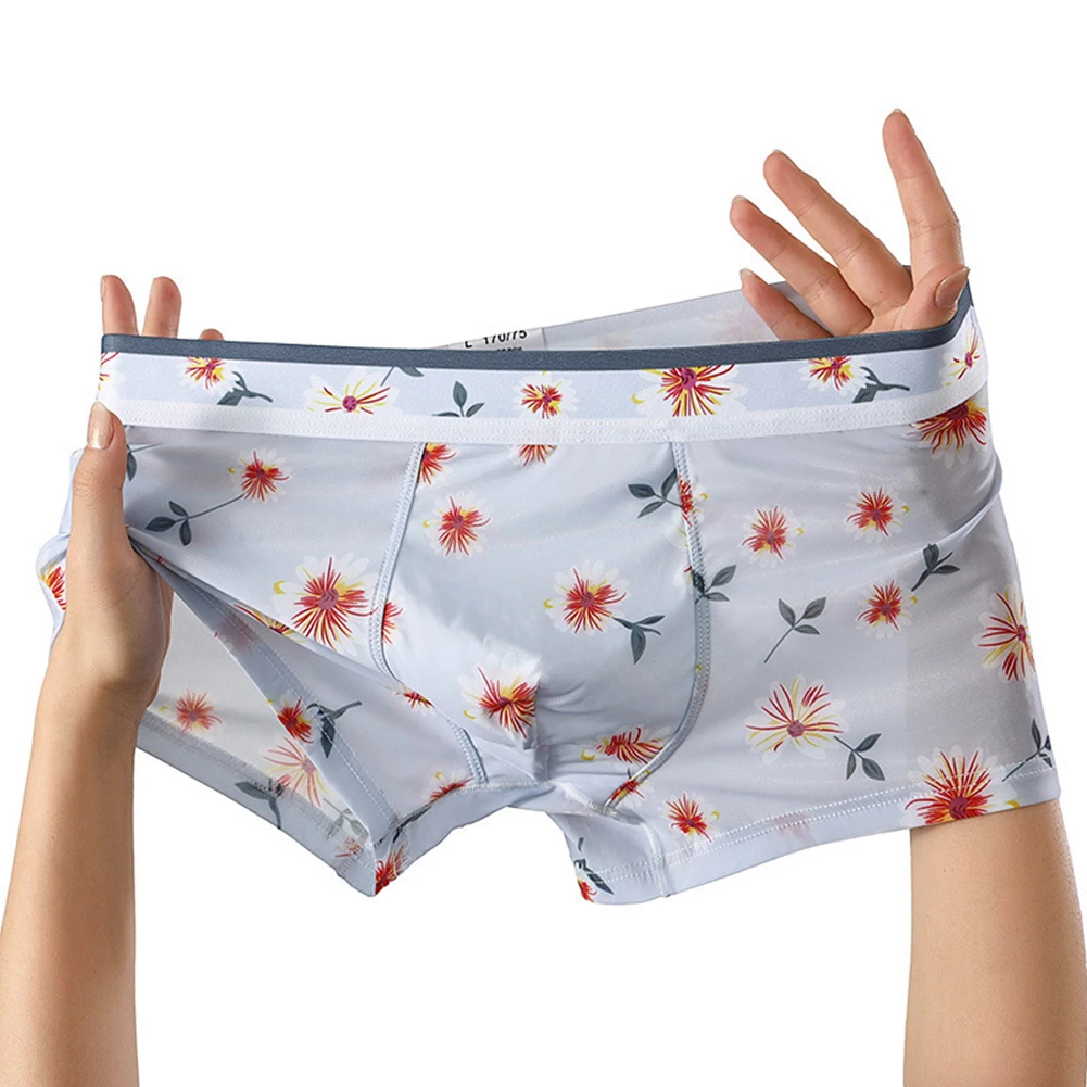 Mens Flowers Print Underwear Ice Silk Briefs Trunks Bulge Pouch Underpants Shorts U Convex Stretchshorts