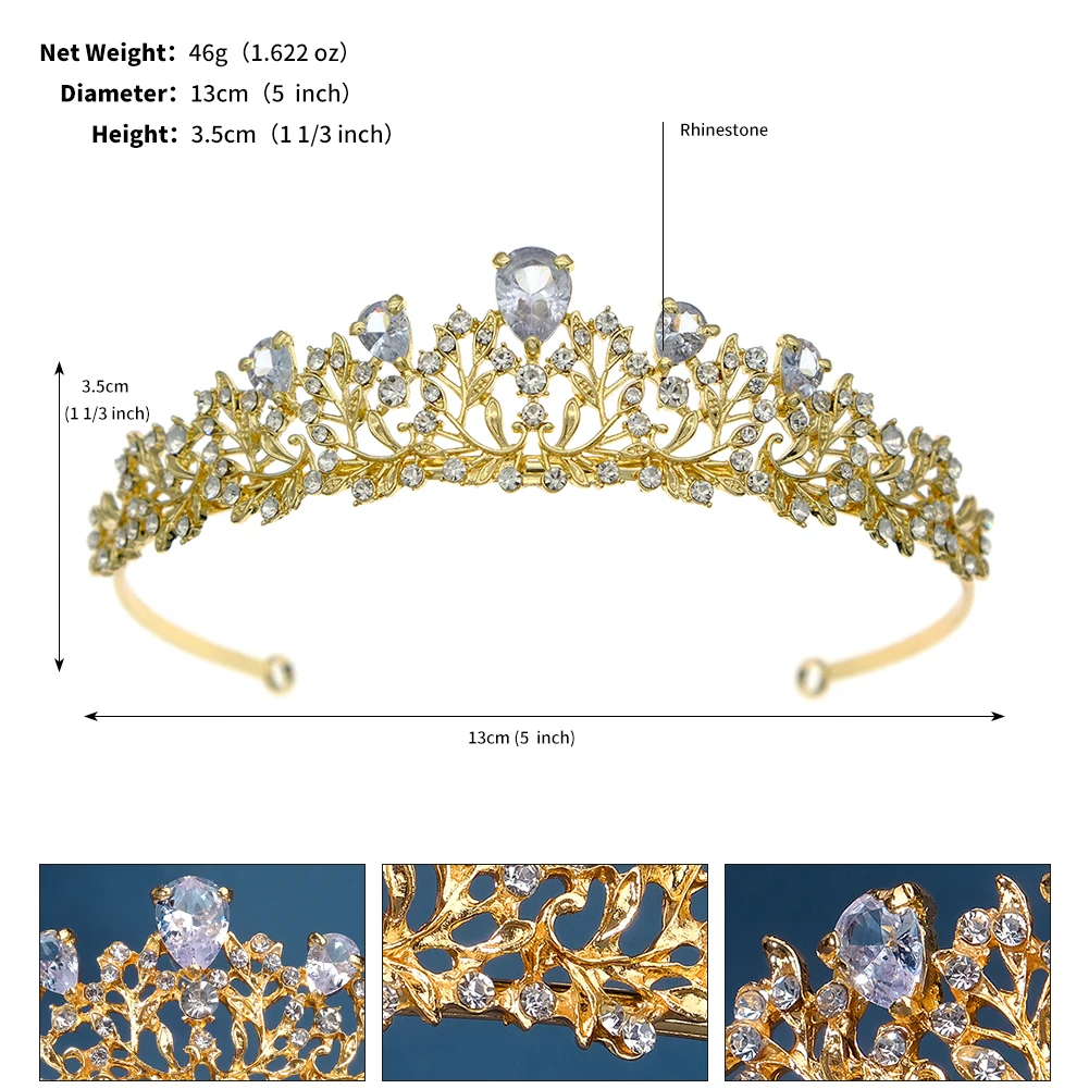 Elegant Gold Leaf Princess Crown Teardrop Crystal Tiara for Girls Flower Girl Headband Wedding Hair Accessories Birthday Party image 6