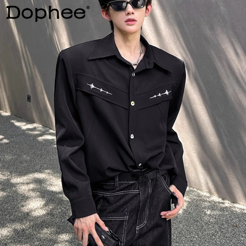 

Мужская осень-зима 2025 г., новая тенденция, универсальная высококачественная стильная рубашка с длинными рукавами, металлическая рубашка с мягкими плечами в американском стиле в стиле ретро