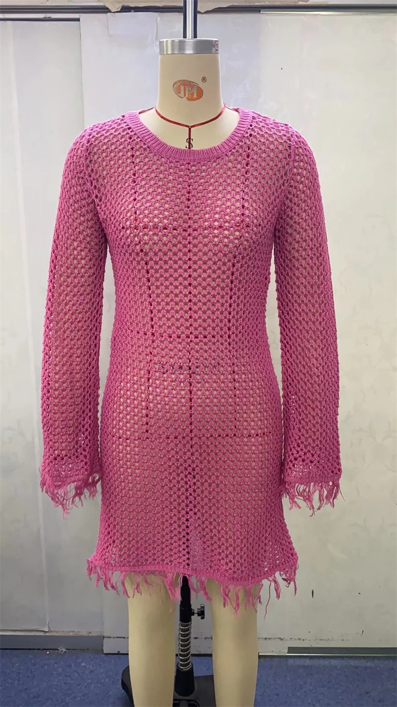 Verão transparente borla manga longa mini vestido de malha crochê biquíni cobrir túnica banho sexy beachwear