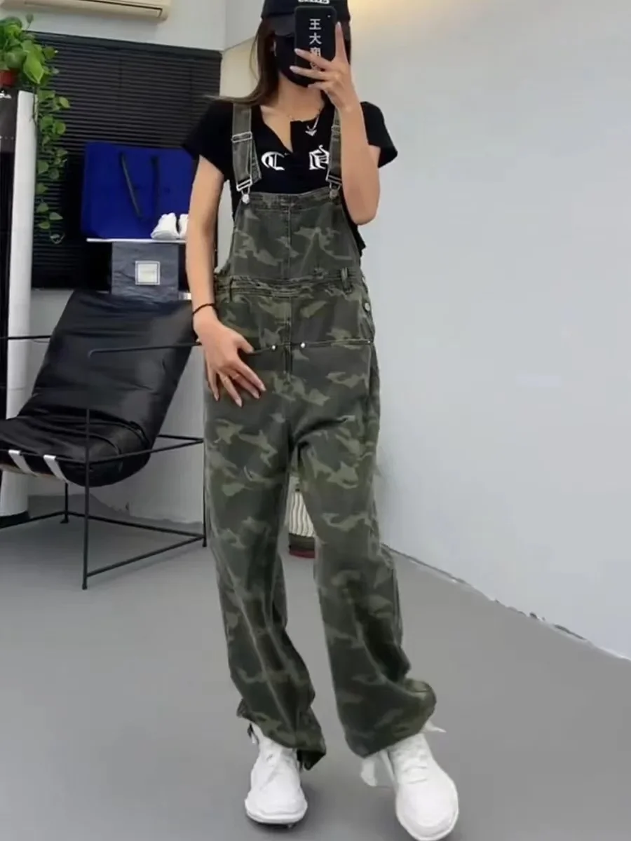 Women Jeans Camouflage Denim Floor Length Pant Suspenders Pants Overalls Loose Casual High Waist Straight Trousers Autumn