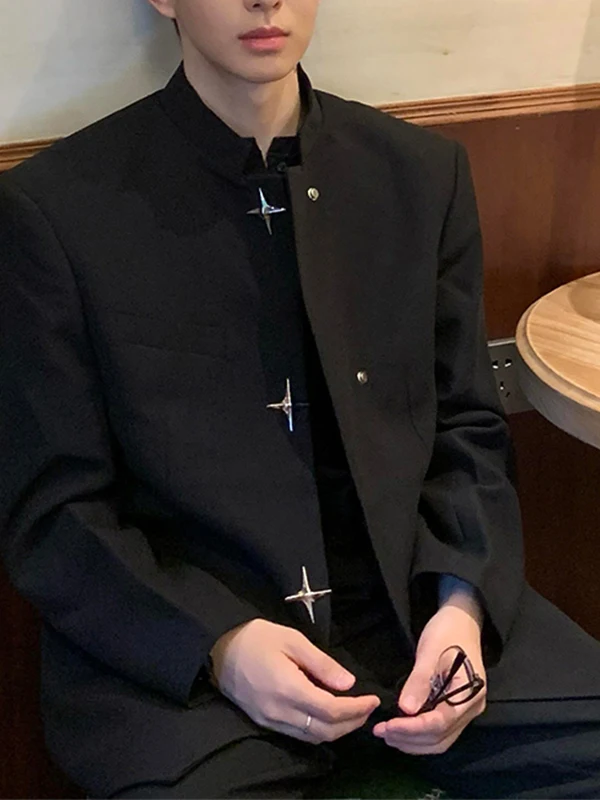 

New Chinese Sle Men's Bla oulder Pad Suit Jaet Casual Stand Collar Long Sve Faionable Autumn Season Leisure West...