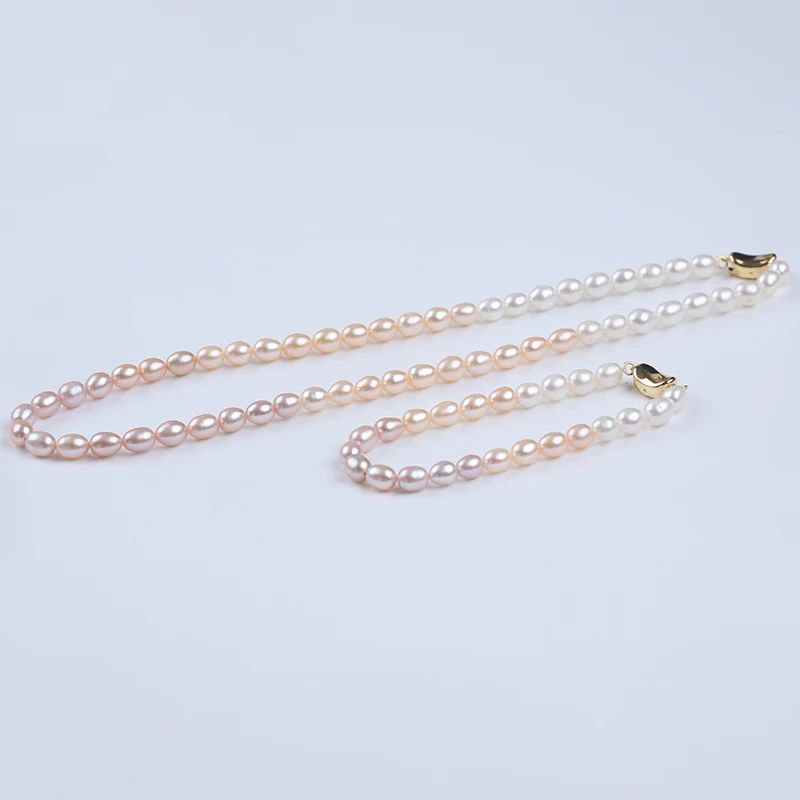 5-6mm White Pink Purple Rice Shape Freshwater Pearl 925 Silver plated 18K gold Chain 39cm Necklace +17cm Bracelet Jewelry Set