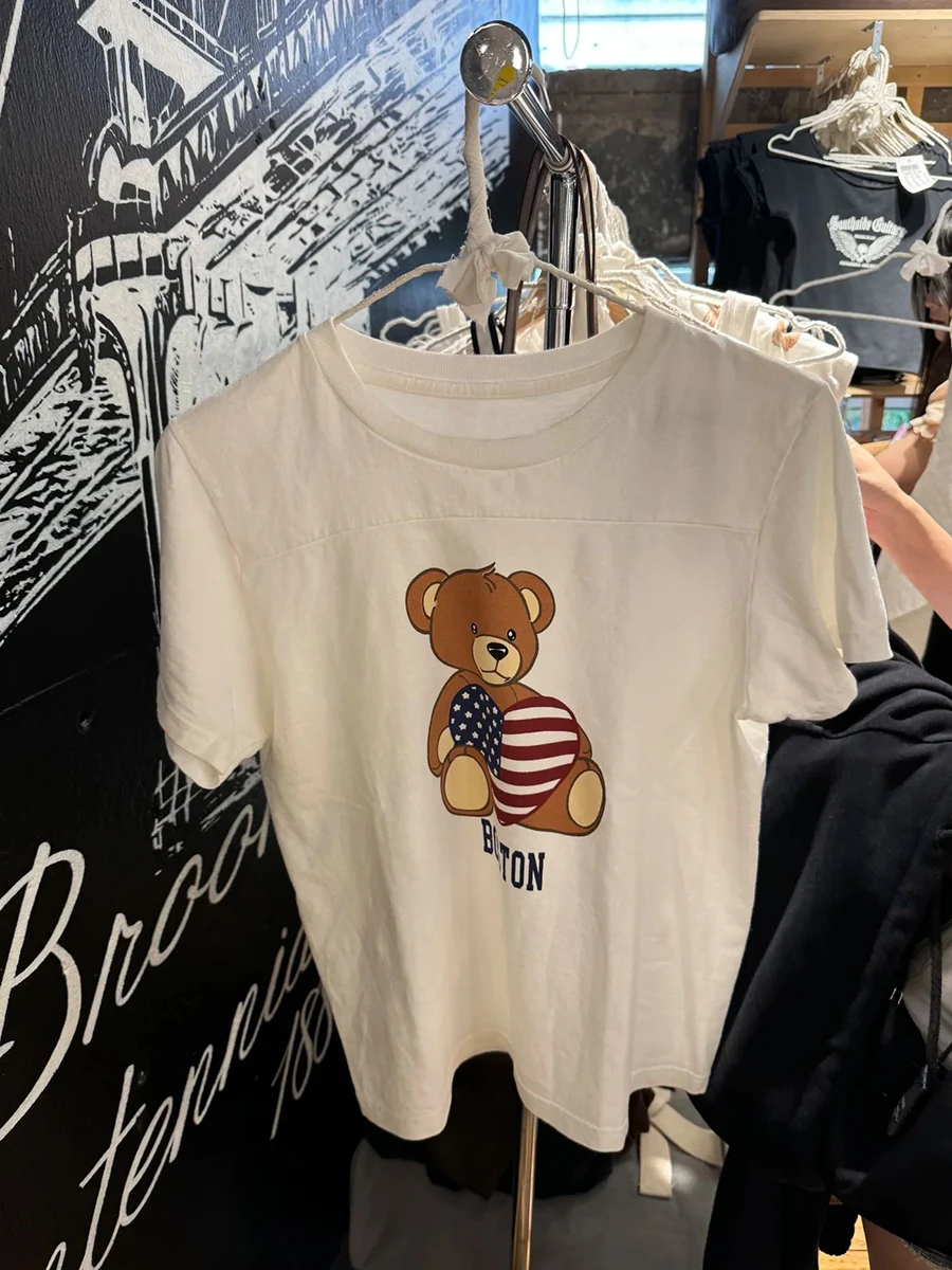 Cartoon Little Bear Print T-shirts Woman Summer O-Neck Short Sleeve Cotton Tee Shirt Casual Vintage Sweet Cute Tshirt Y2k Top