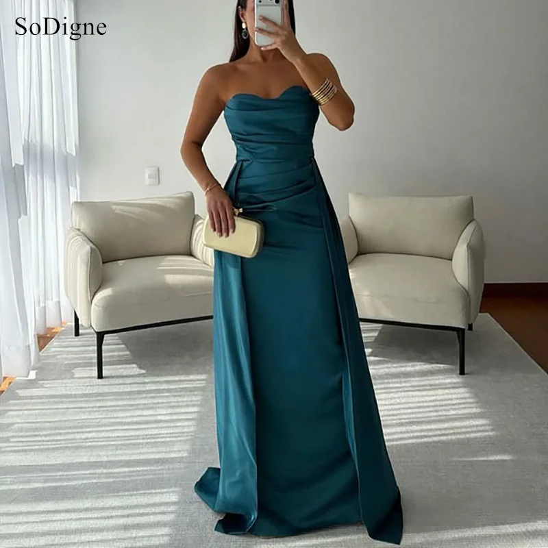 

SoDigne Elegant Satin Evening Dresses Strapless Sleeveless A-Line Party Dress Pleated Formal Occasion Prom Gowns Customized