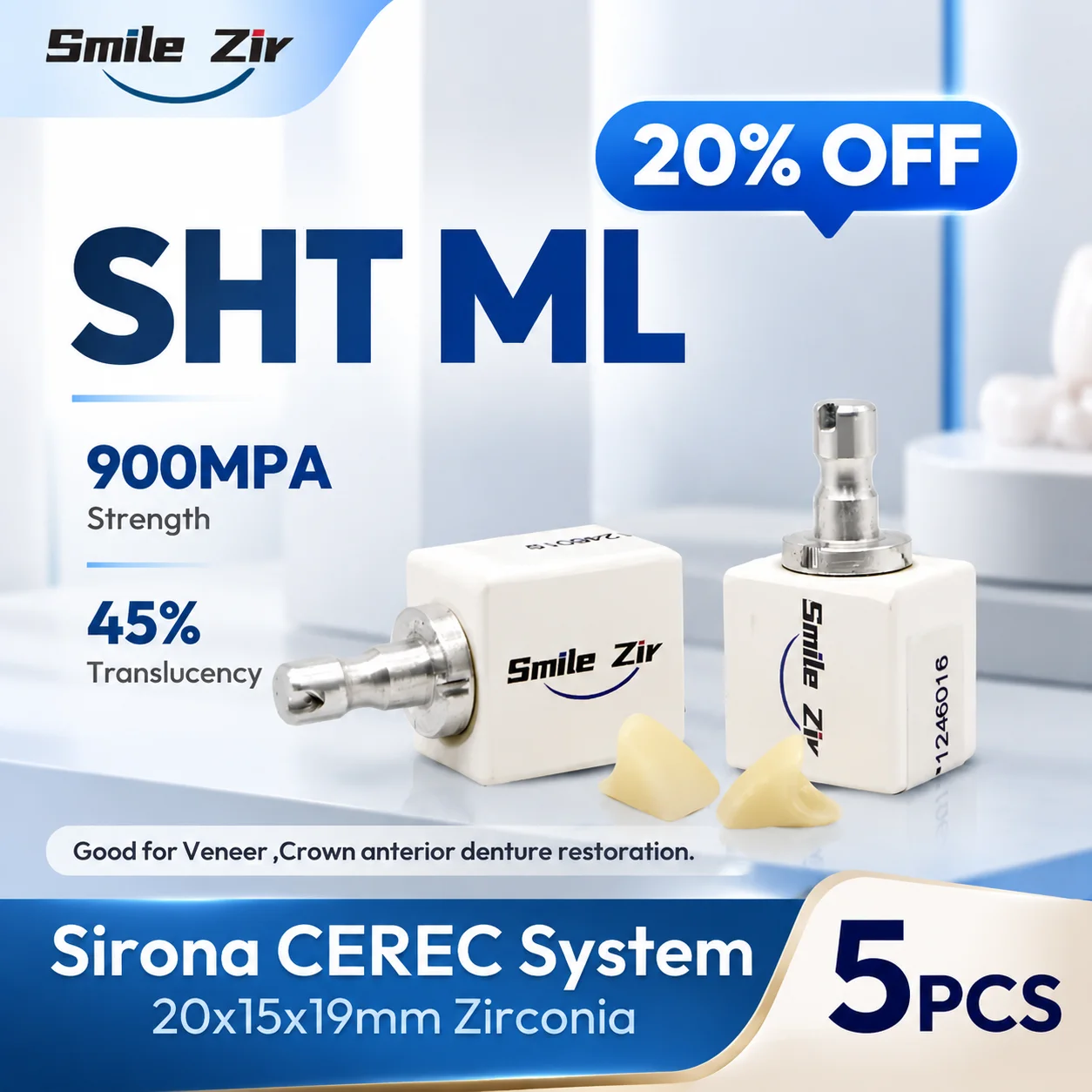 Sirona Cerec SHT Multilayer Milling Zirconia Block 5 Pieces 45% Vita16 Translucency Sirona System Dental CADCAM Zirconia Blocks