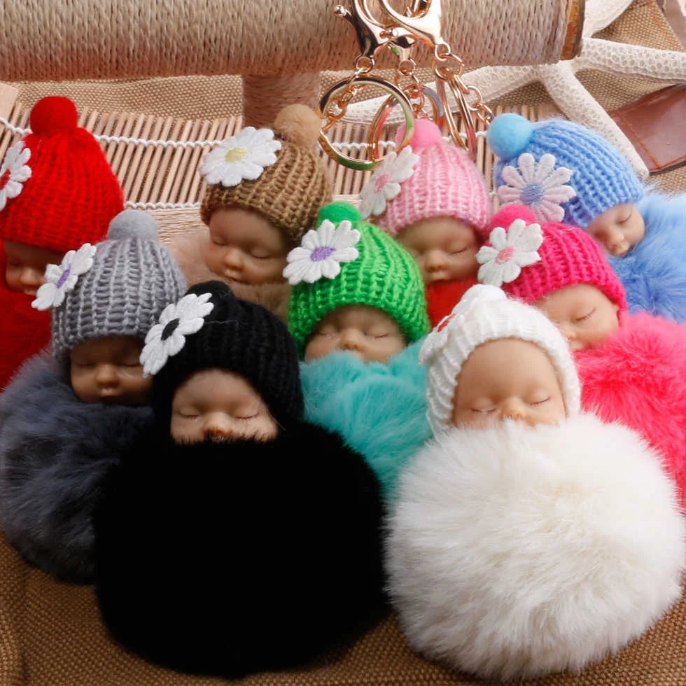 Schlafendes Baby Schlüsselanhänger Niedliche Flauschige Plüschpuppe Schlüsselanhänger Damen Taschen Anhänger Auto Schlüsselring Rucksack Dekoration Geschenk
