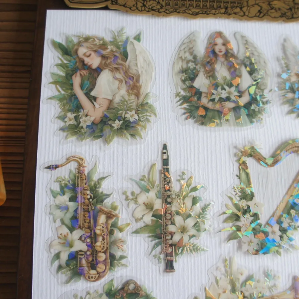 

10 Pcs Laser Diamond Pattern Angel Who Enjoys Playing Music Style PVC Sticker Scrapbooking DIY Gift Decoration Tag