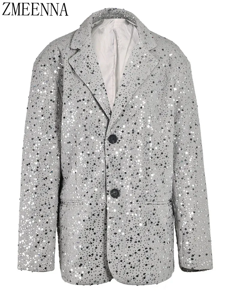 ZMEENNA Gray Sequins Big Size Casual Blazer Women New Lapel Long Sleeve Loose Fit Jacket Fashion Tide Spring Autumn 2024 ZM9