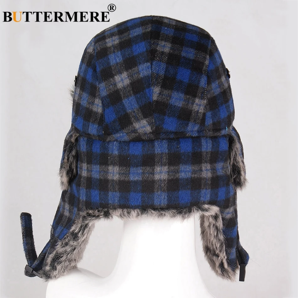 BUTTERMERE Winter Hats For Mens Bomber Hat Fur Red Warm Earflap Cap Windproof Women Thicker Plaid Russian Ushanka Hat Black Blue