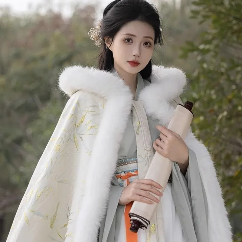 

Зимняя накидка Hanfu, длинная зимняя шаль, древний костюм, пальто, утолщенная накидка со шляпой, новая верхняя одежда, модная индивидуальная верхняя одежда