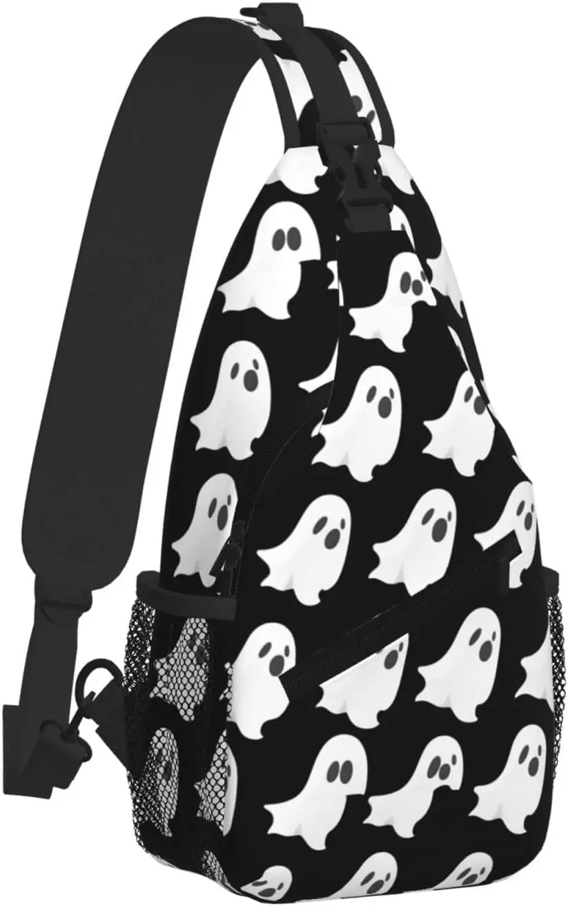 Ghost Halloween Pattern Print Adjustable And Padded Shoulder Strap Chest Bag, Sling Bag For Travel Work Daily Use