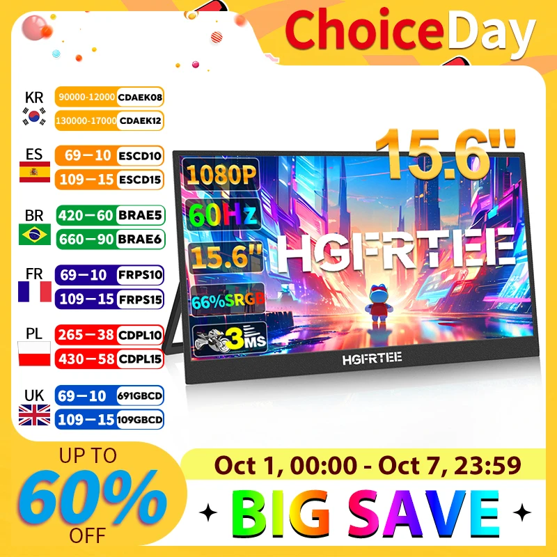 

HGFRTEE 15,6-дюймовый портативный монитор Ультратонкий монитор 180 ° Настенный монитор VESA с регулируемым кронштейном для игрового ноутбука PS5/4