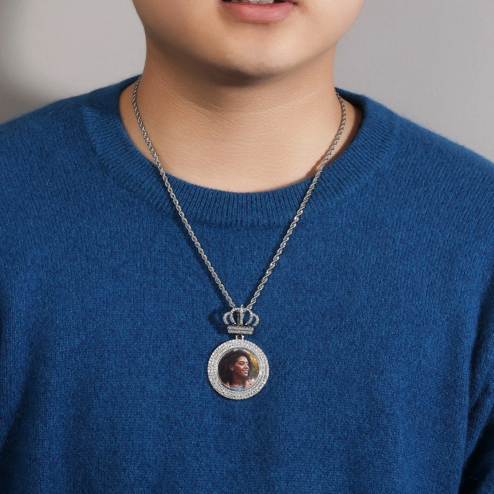 LeeChee-Crown Button Charme Custom Photo Necklace, Pingente de Hip Hop Personalizado, Corrente de Corda, Presente Personalizado para Homens e Mulheres