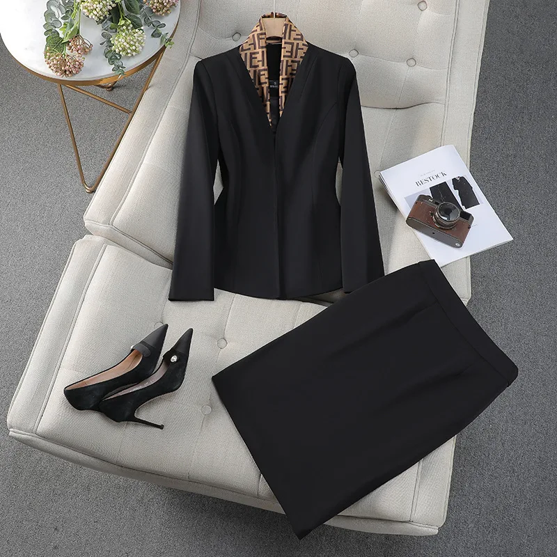 Autumn Women Suit Skirt Set 2 Pieces Blazer With Lapel Full Sleeves Formal Office Lady Cotton Jacket Coat In Stock