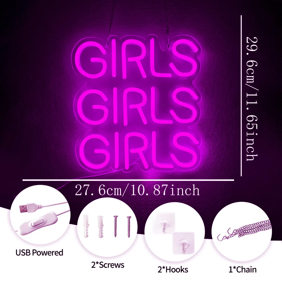 Girls Neon Sign,LED Neon Lights Sign for Girl Room Decor,USB Light Up Sign for Bedroom Home Bar Valentine Gift Wedding Party