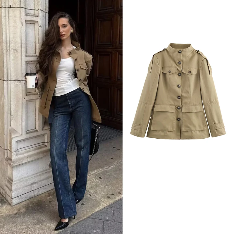 

Autumn 2025 New Women's Jackets Fashion Slim Pocket High Neck Long Warm Coats Women's Street Elegant Youth Autumn Outerwear Coat