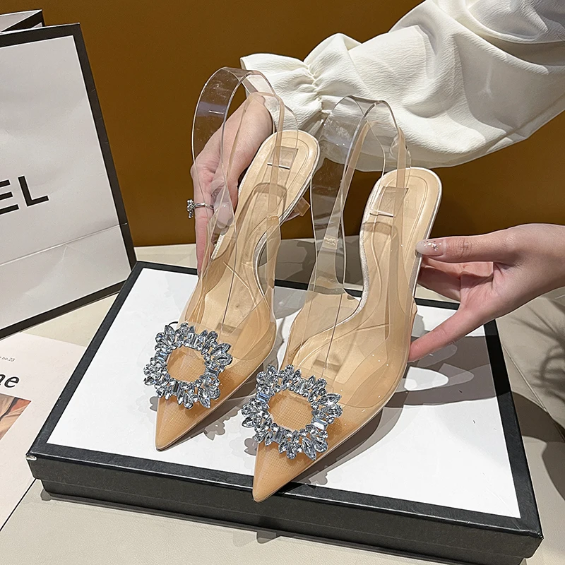 Transparent Ladies High Heels Women Shoes Summer Elegant Rhinestones Luxury Sandals Sexy Heeled Party Pumps Woman Slingbacks