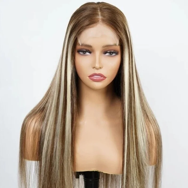 Long Straight  Human Hair 4x4 Lace Front Wig PrePluck Blonde Brown Highlight