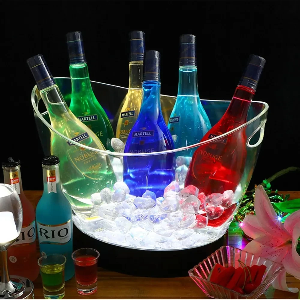 8L Transparent LED Luminous Ice Cube Storage Buckets Barrel Shaped Bar Beer Bottle Cooler Container Light Champagne Wine Holder