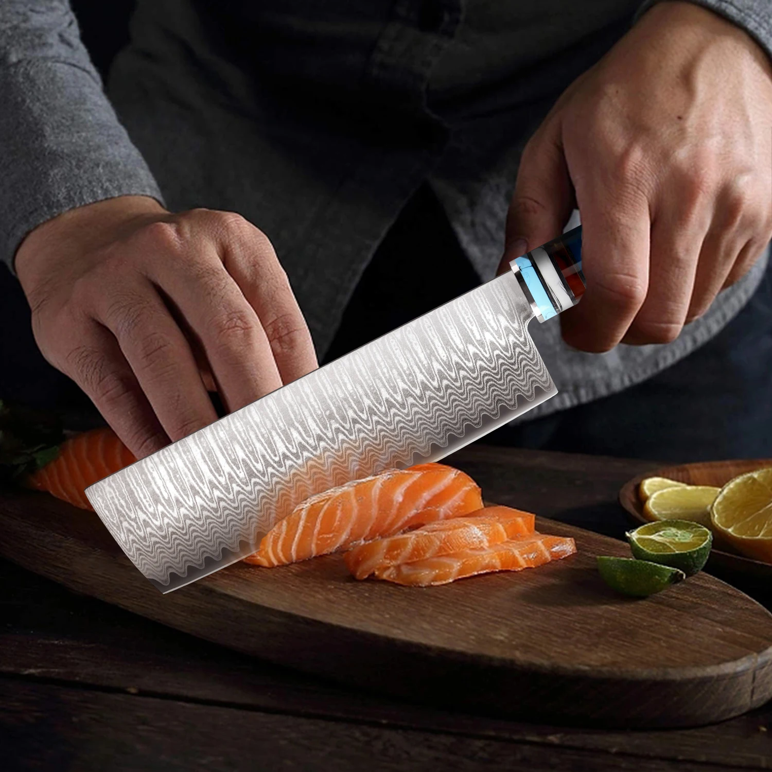 Nakiri Kochmesser mit 17cm Damaszener Klinge, Küchenmesser aus VG-10 Stahl, Professionelles Damaszener Stahl Nakiri Kochmesser – Detail 3