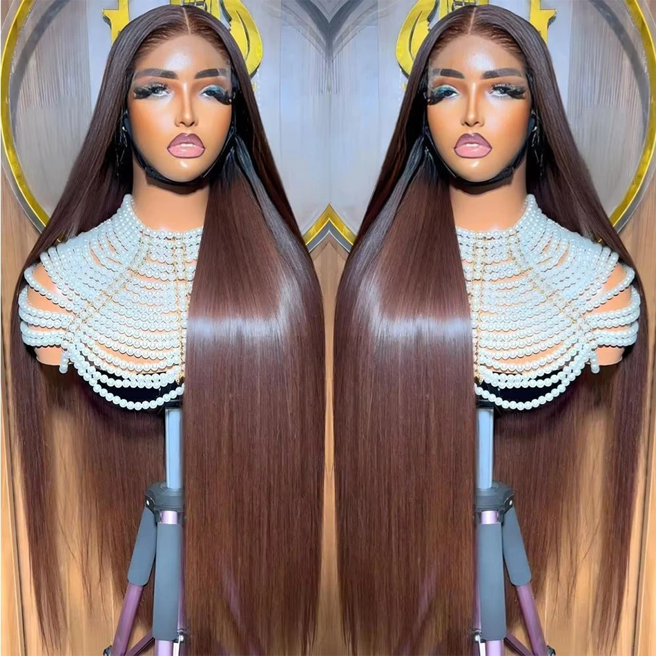 

200 Density Chocolate Brown Straight Lace Front Wigs 13x4 Transparent Lace Frontal Wig Pre Plucked 4X4 Brazilian Human Hair Wigs
