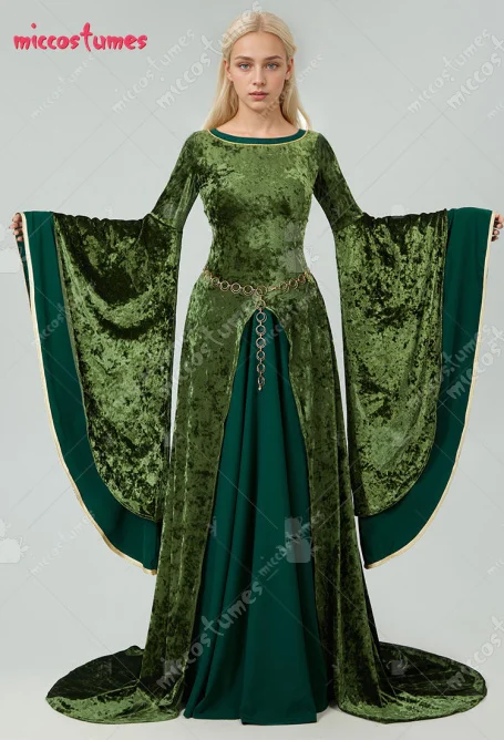 

MICCOSTUMES Renaissance Medieval Style Elinor Derivative Long Wide Sleeves Green Velvet Dress and Waist Chain Cosplay Costume