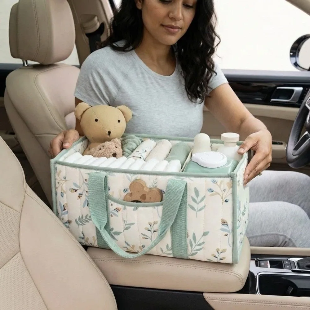 Large Capacity Baby Diaper Organizer Multi-Pocket Floral Beige Foldable Mommy Bag Portable Multifunctional