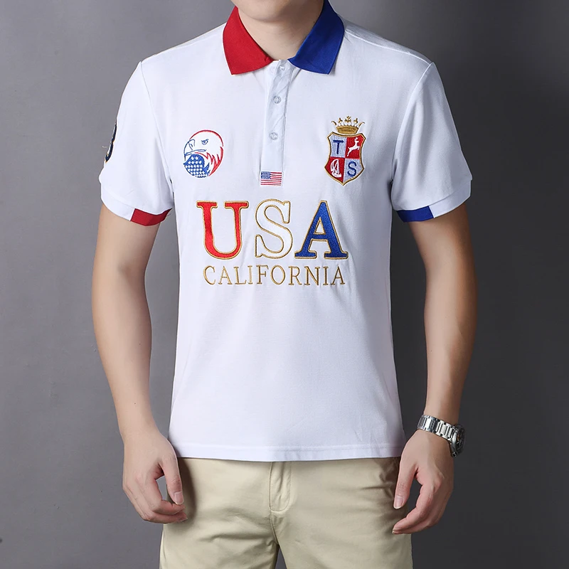 Men\'s polo shirt USA White Royal short casual sport party high-end cotton embroidery luxury contrast color original design