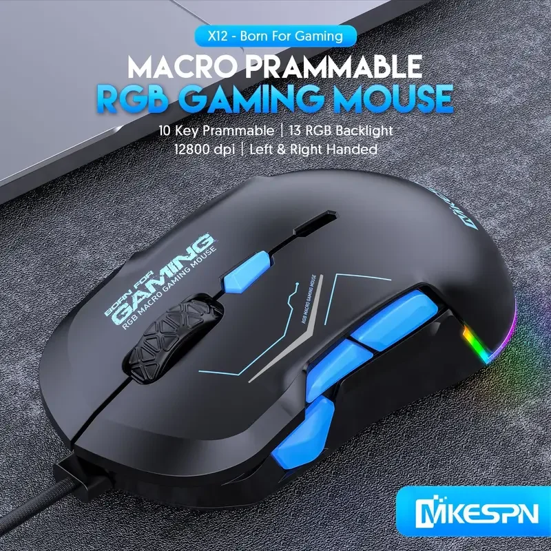Game Wired Mouse 12800DPI Symmetric Left And Right Hand 10 Button RGB Macro Definition E-Sports Game Mouse