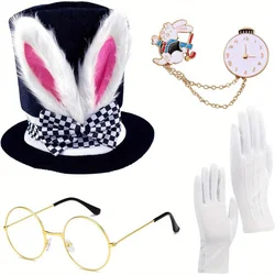 White Rabbit Easter Accessories Set BunnyEars Decoration Plush Clock BroochGlassesGloves for Easter Halloween Costume Festival