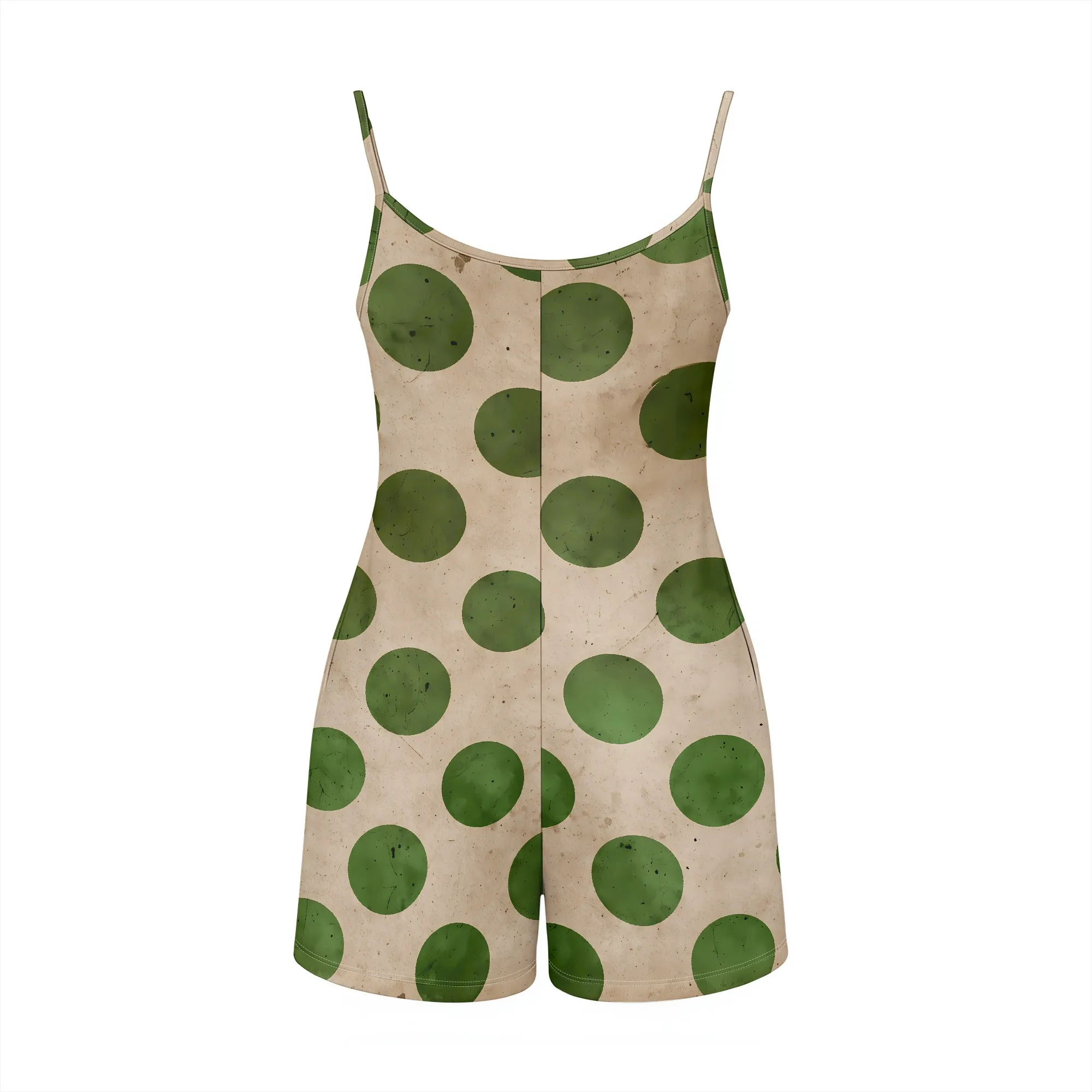 Green Polka Dot Romper, Watercolor Spots Jumpsuit, Boho Print Overalls, Pockets Casual Playsuit, Summer Beach Outfit, S-2XL view 3