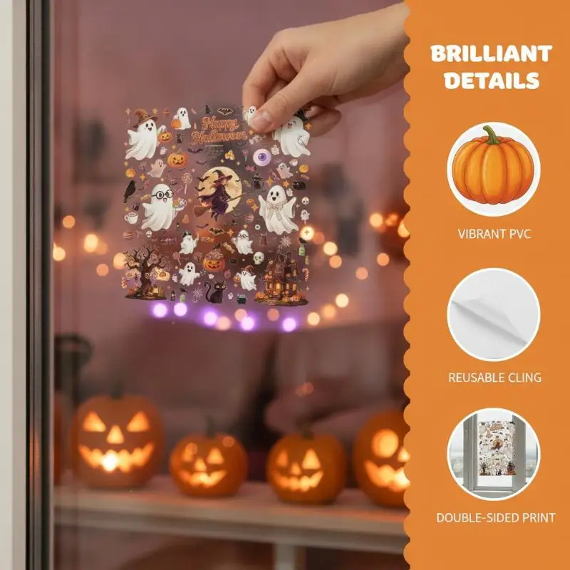 Halloween Removable Window Clings 1/2/4/6/8 Sheets Peel & Stick Static Decals for Home Holiday Party Decor