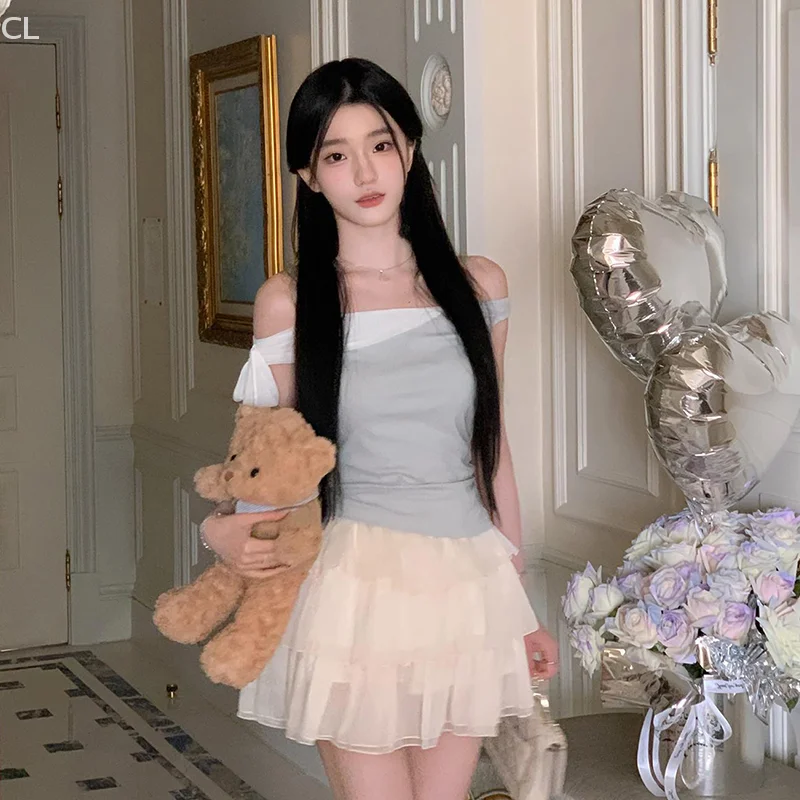 

Korean Ins Style Women Summer Blue And White Colorblock Lace-Up Off-shoulder Sweet Refreshing Color Blocked Lace Up Top