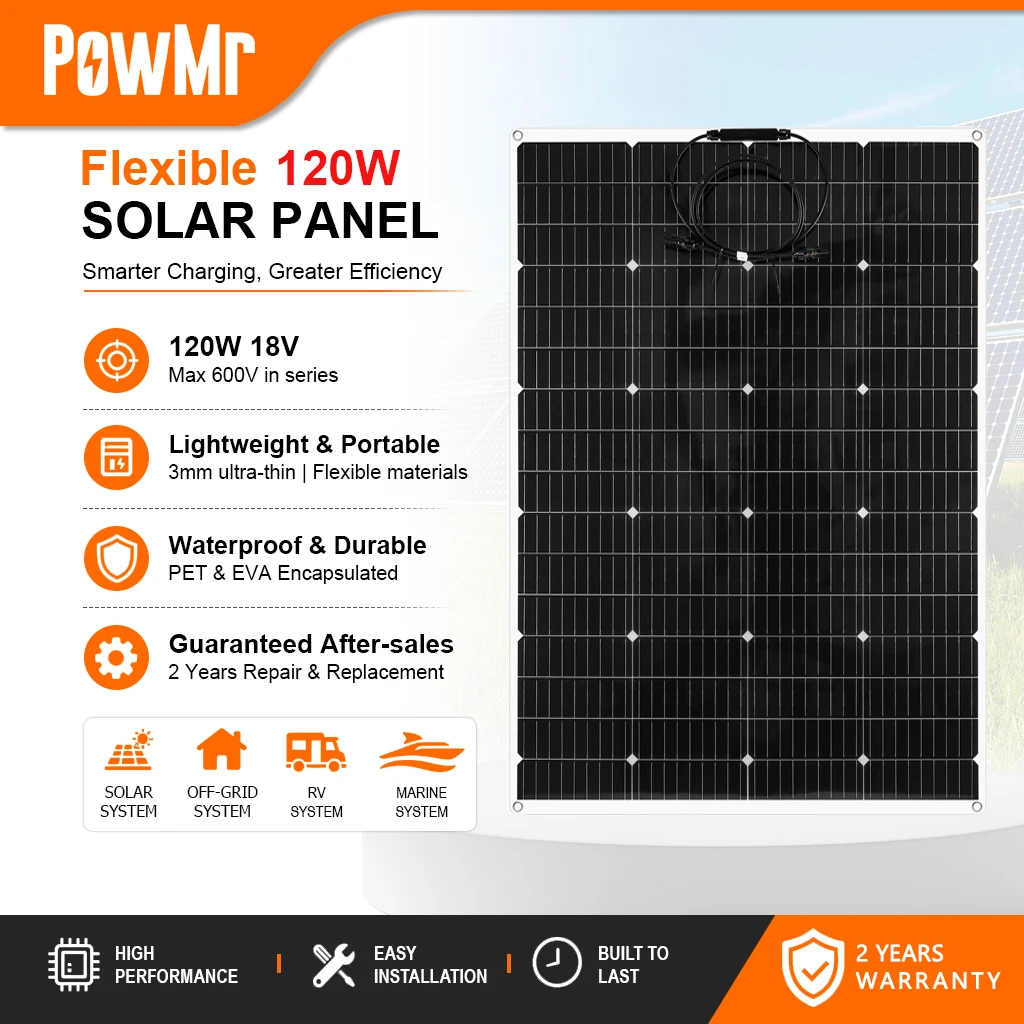 PowMr Pannello solare flessibile monocristallino da 120 W, modulo fotovoltaico ad alta efficienza da 18 V, caricatore solare ultra sottile, leggero e impermeabile per camper, auto, roulotte, campeggio