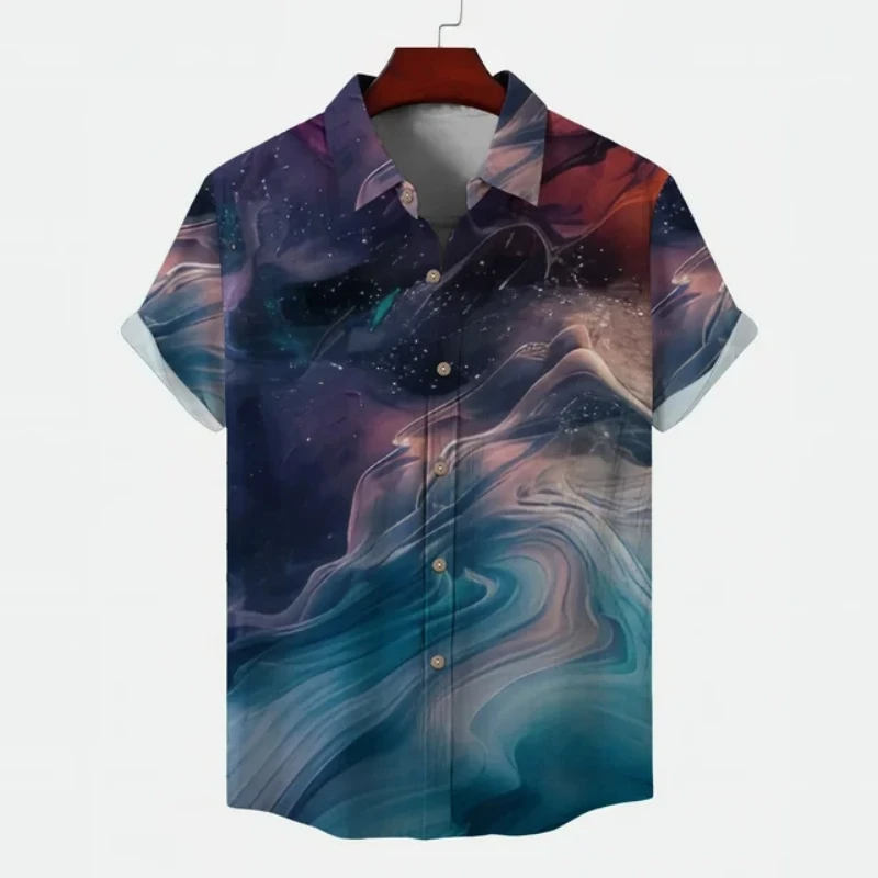 Hawaiiaans Heren Shirt Sky Graphic Korte Mouw Bedrukt T-Shirt Met Losse Knoop Revers Shirt Aan Zee Feest Kleding Oversized Heren Tops