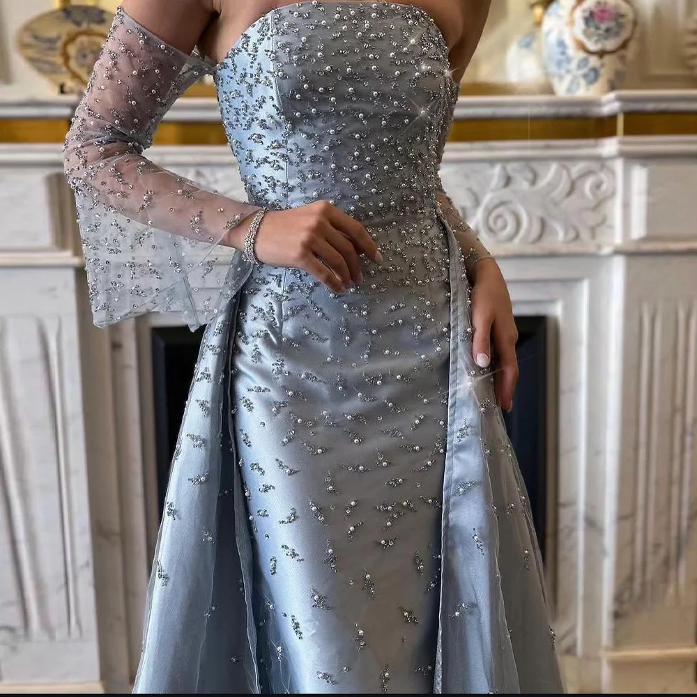 Exquisite Straight Floor Length Strapless Jersey Long Sleeves Crystal Pleats Evening Dress Temperament Photo Color Photo Color