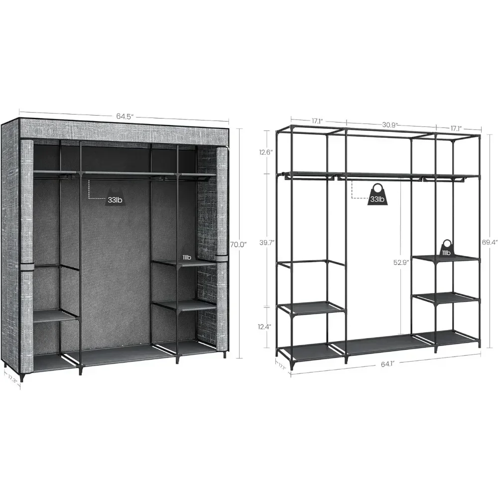 &Closet Wardrobe, 64.5-inch Portable Closet For Bedroom, 3 Clothes Rail Clothes Rail With Fabric Cover, Clothes Storage Organize